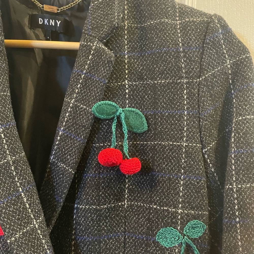DKNY Black Plaid Cherry Embroidered Blazer - Picture 3 of 9